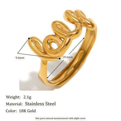 size details of LOVE open ring – 18K gold-plated stainless steel with minimalist French design – adjustable statement jewelry by STUD (Shop Till You Drop)