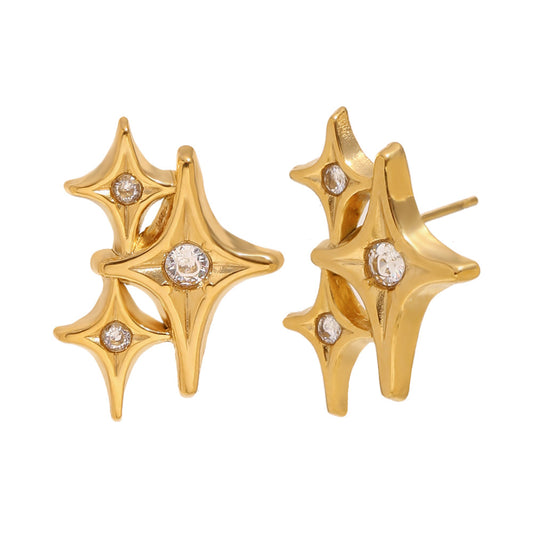 STUD gold starburst earrings with zircon stones, geometric celestial studs