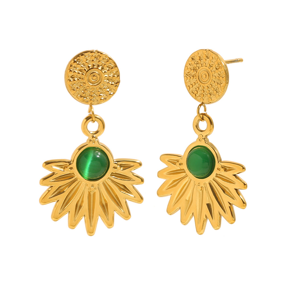 18K gold-plated stainless steel sunburst drop earrings with green agate stone