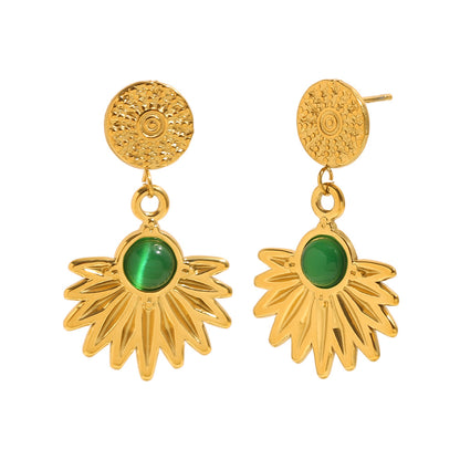 18K gold-plated stainless steel sunburst drop earrings with green agate stone