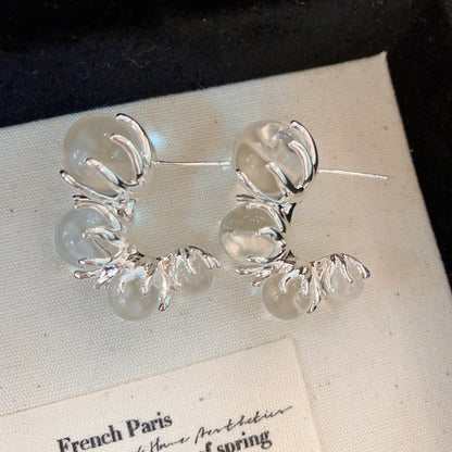 Close View of Gradient pearl hoop earrings with clear transparent beads – lightweight, hypoallergenic, minimal by STUD (Shop Till You Drop)