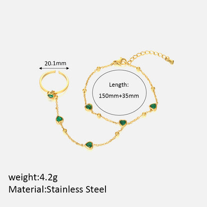Size Details of 18K gold plated hand chain with green heart stones – ring to bracelet design – STUD