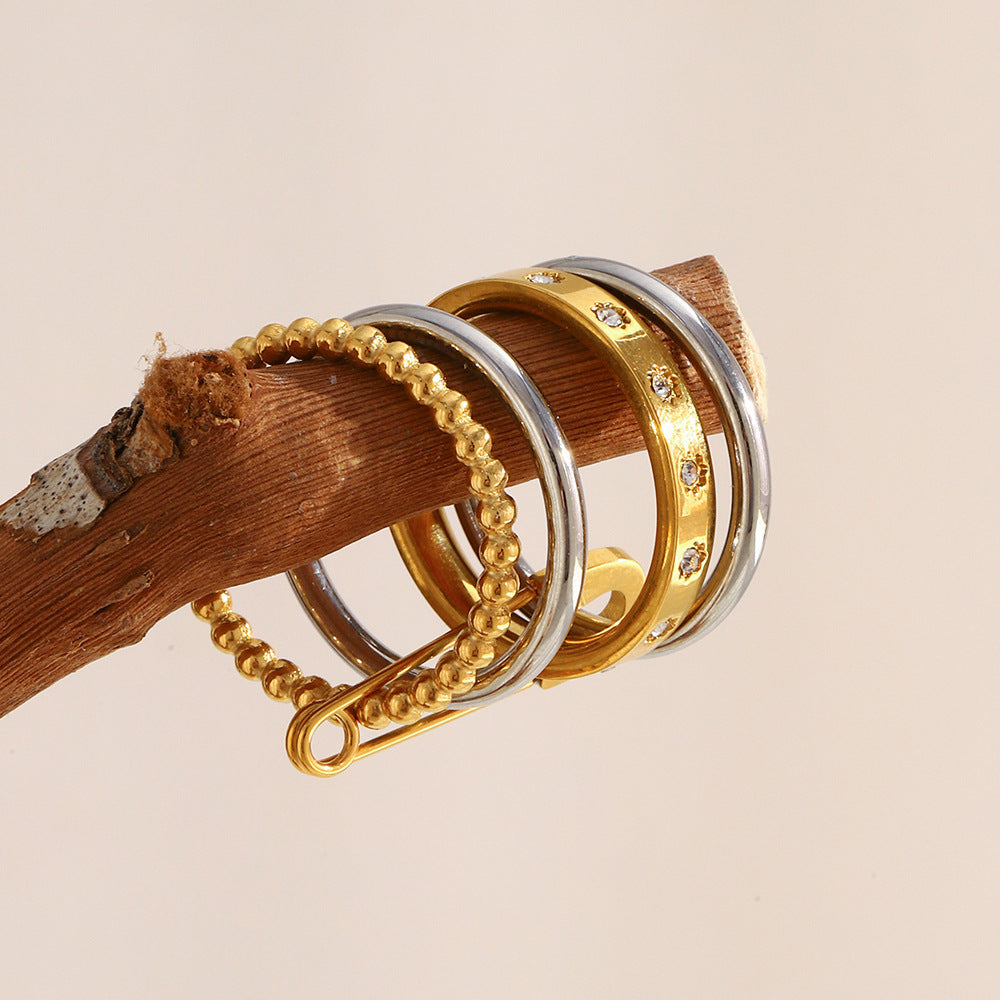 Bold Sparkle 4-Layer Safety Pin Stacked Ring in 18K Gold Finish