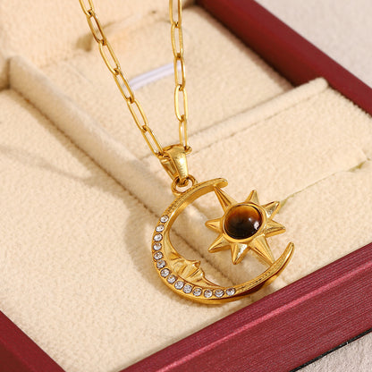 18K gold plated celestial necklace with moon, star, zircon and tiger eye gemstone – STUD