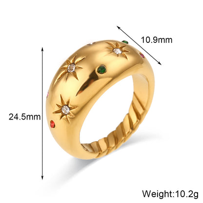 size details of Celestial dome ring with starburst multicolor zircon – 18K gold-plated stainless steel statement jewelry by STUD (Shop Till You Drop)
