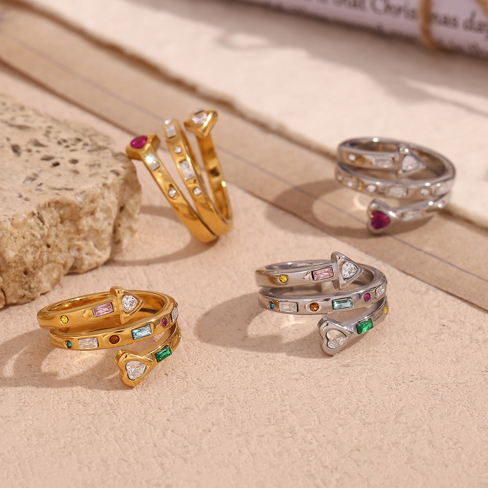 Adjustable silver open ring with rainbow stones and heart arrow