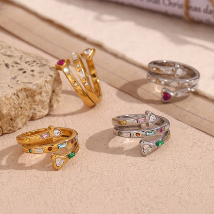 Adjustable silver open ring with rainbow stones and heart arrow
