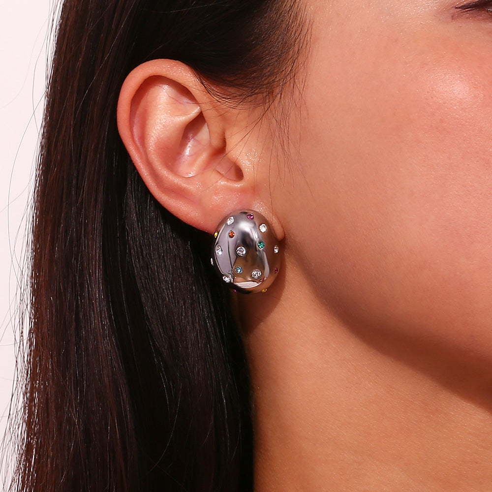 Colorful Zircon Oval Earrings - Silver