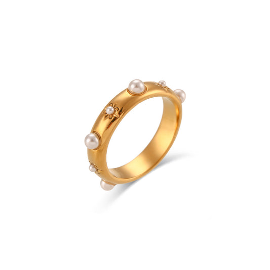 18K gold plated pearl bloom ring with miniature pearls and floral engravings – STUD