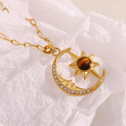 18K gold plated celestial necklace with moon, star, zircon and tiger eye gemstone – STUD