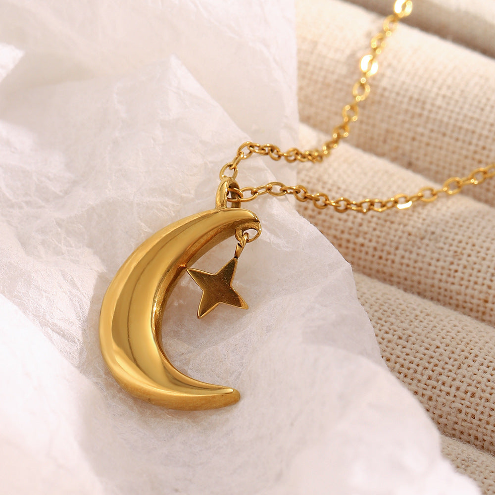 18K gold-plated crescent moon and star pendant necklace on stainless steel chain