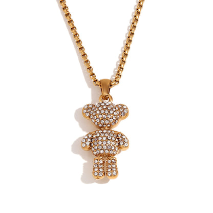 Close View of Crystal bear pendant necklace with pearl chain – 18K gold plated by STUD-Shop Till You Drop