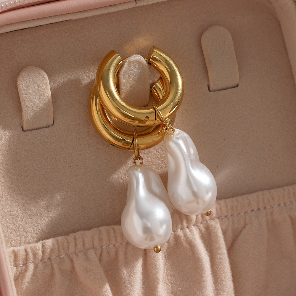 Elegant Baroque Pearl Hoop Earrings | 18K Gold-Plated Stainless Steel