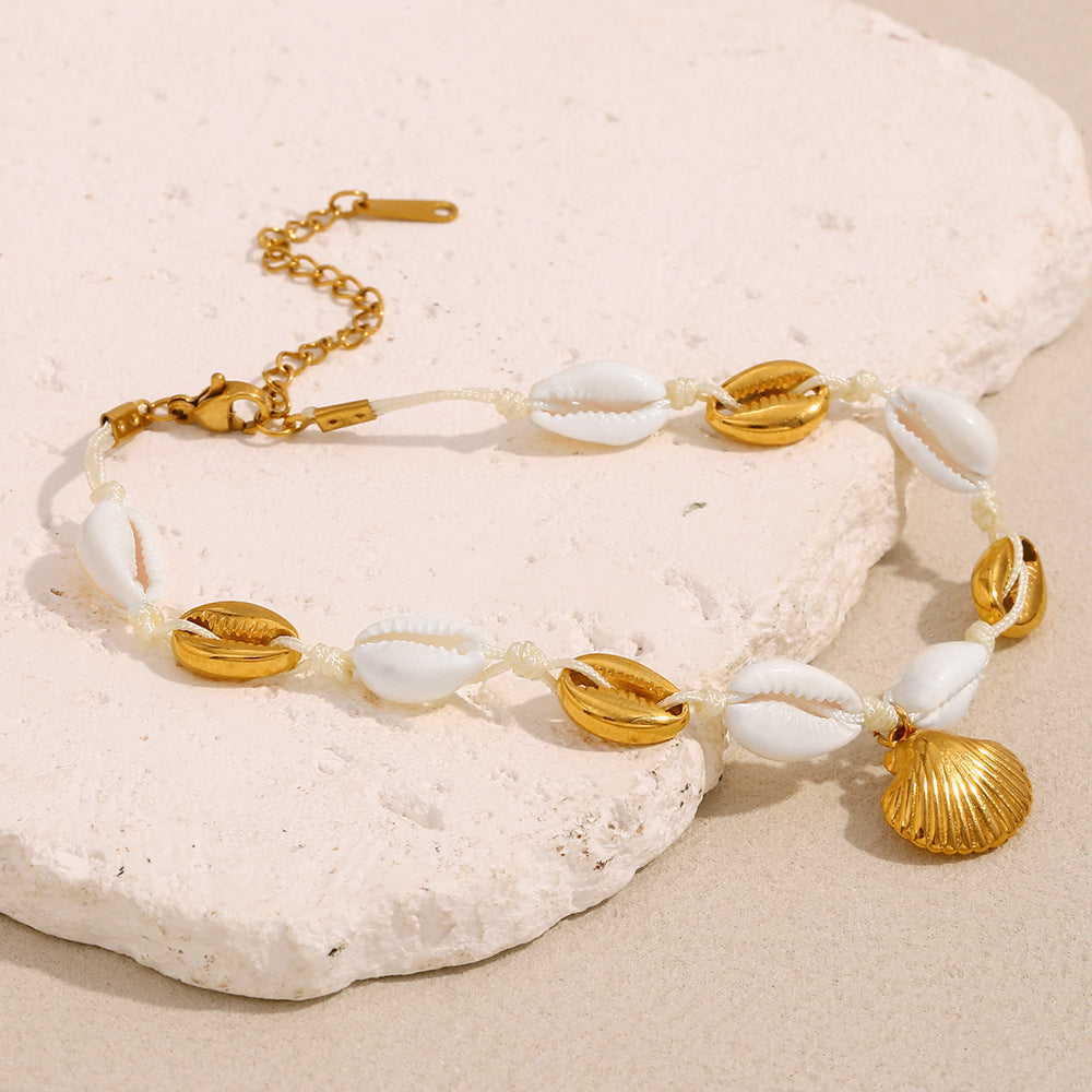 18K Gold Shell Anklet with Cowrie & Scallop Charms | Waterproof Beach Jewelry