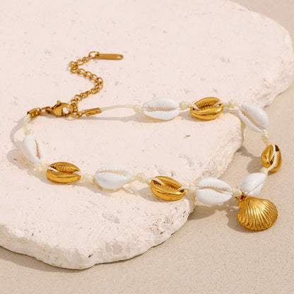 18K Gold Shell Anklet with Cowrie & Scallop Charms | Waterproof Beach Jewelry