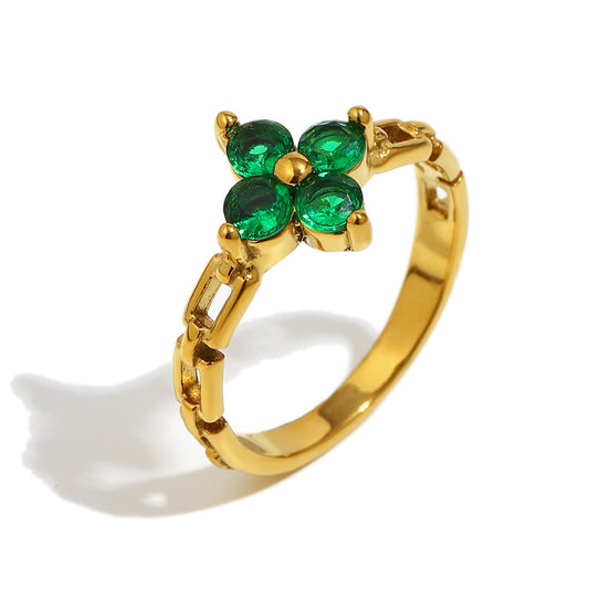 Gold floral ring with green zircon petals and link chain band – STUD