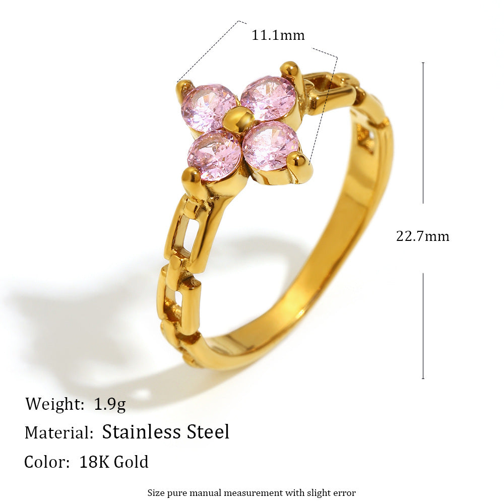 18K gold plated chain ring with pink zircon flower design – STUD
