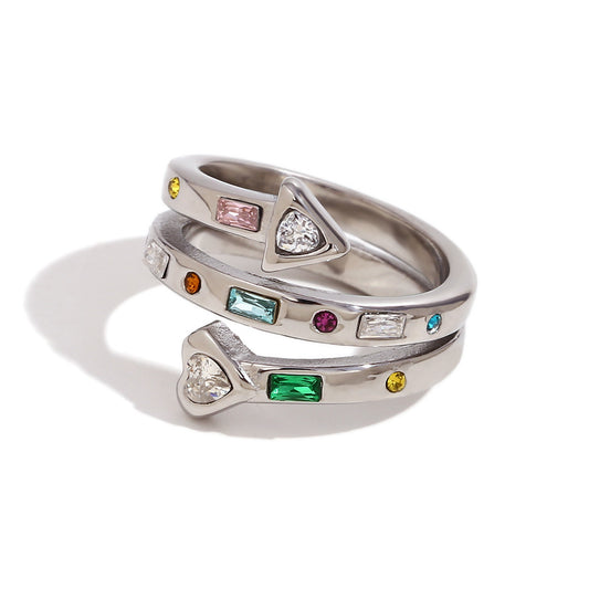 Adjustable silver open ring with rainbow stones and heart arrow