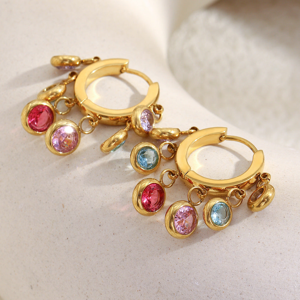 18K gold-plated stainless steel hoop earrings with colorful dangling zircon stones for women