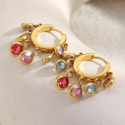 18K gold-plated stainless steel hoop earrings with colorful dangling zircon stones for women