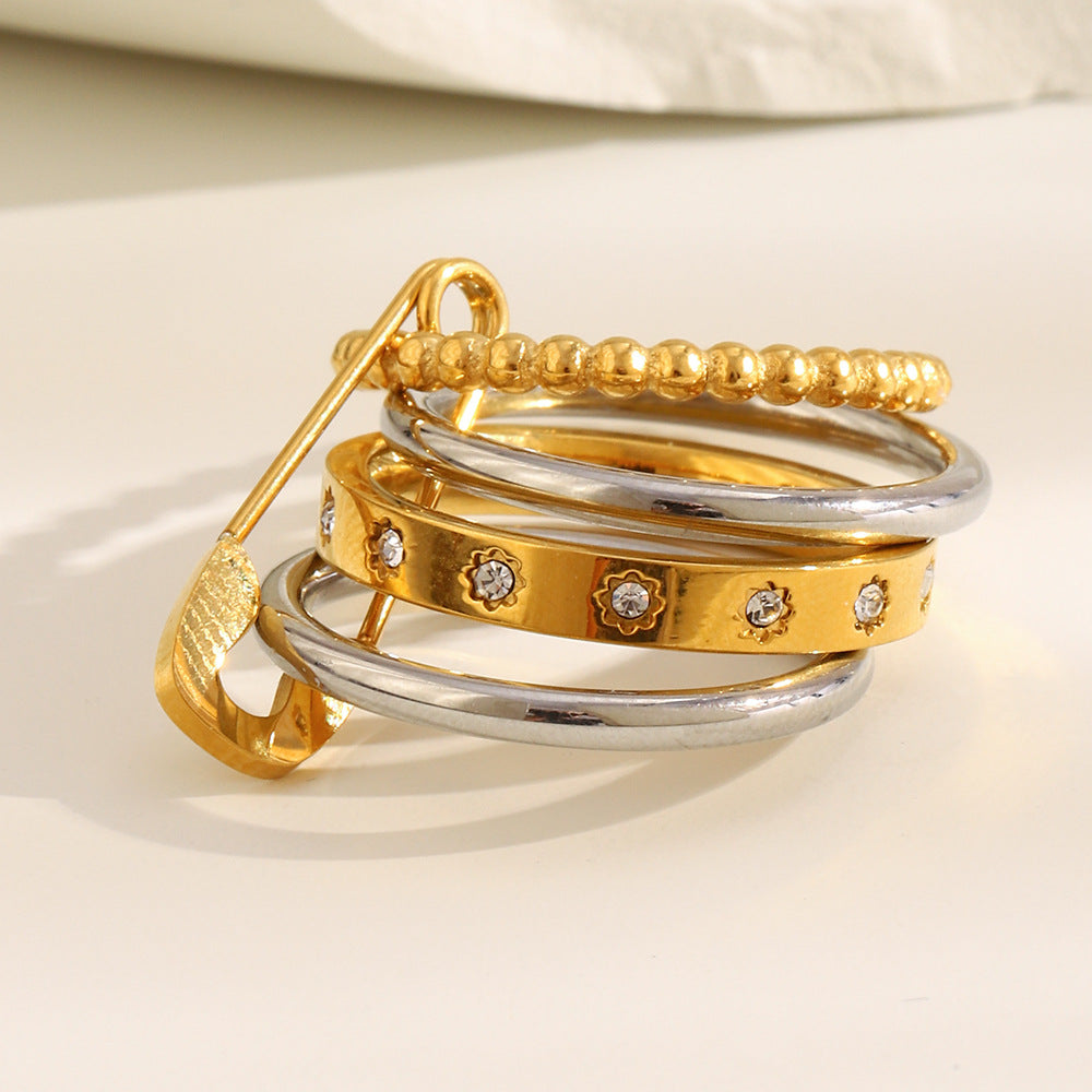 Bold Sparkle 4-Layer Safety Pin Stacked Ring in 18K Gold Finish