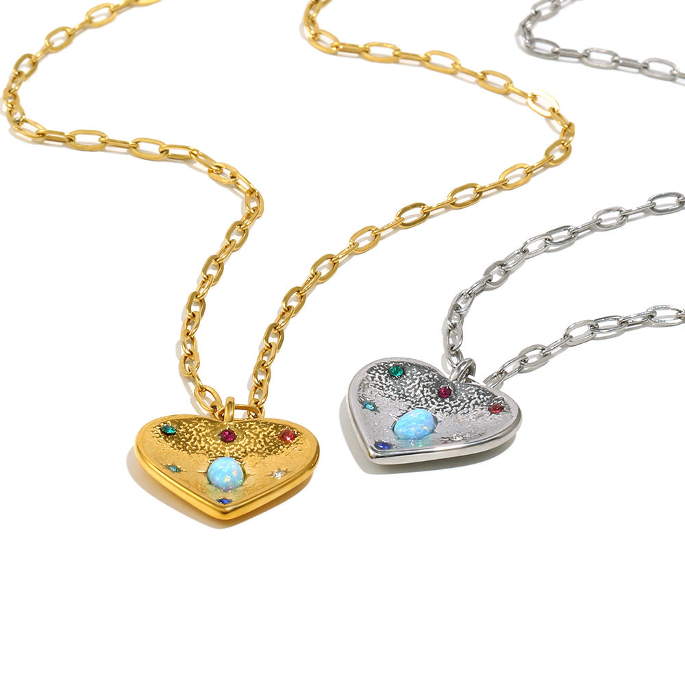 STUD 18K gold-plated stainless steel heart necklace with opal and colorful zircon stones