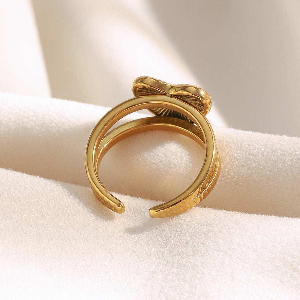 18K Gold-Plated Open Heart Adjustable Ring with Textured Finish and Central Gemstone