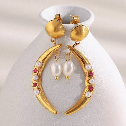 STUD 18K gold-plated crescent moon earrings with pearls and red crystals – celestial style