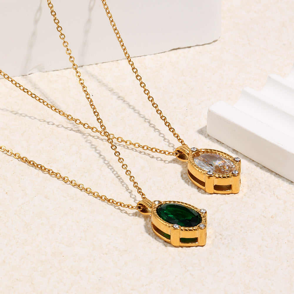 STUD 18K gold-plated stainless steel necklace with twisted edge oval clear zircon pendant