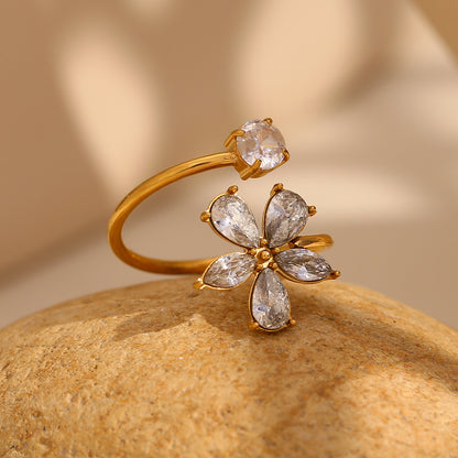 STUD 18K gold-plated stainless steel zircon flower open ring with teardrop petals