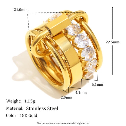 Size details of 18K gold plated stacked ring set with high-shine bands and white zircon centerpiece – STUD