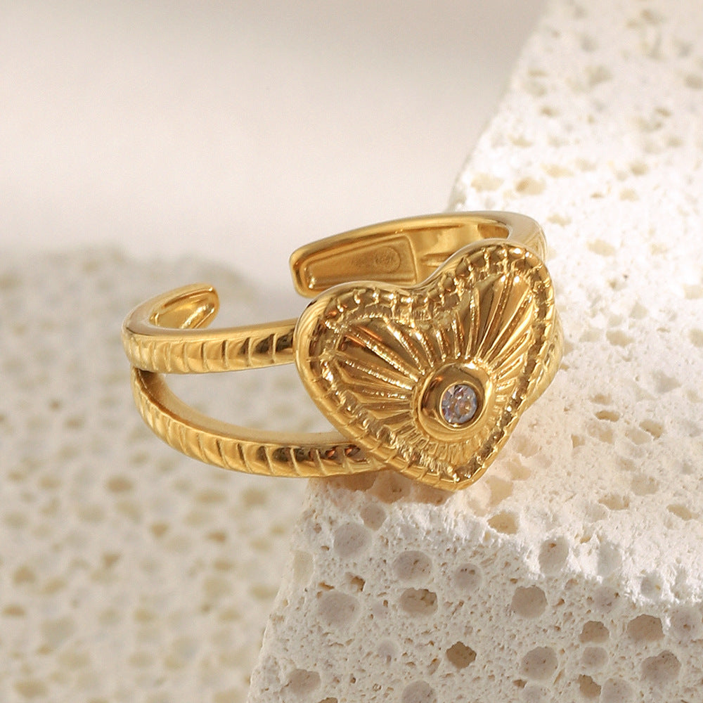 18K Gold-Plated Open Heart Adjustable Ring with Textured Finish and Central Gemstone