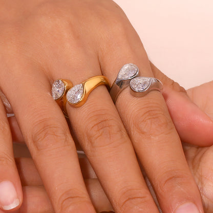 18K gold plated twin teardrop zircon open ring by STUD