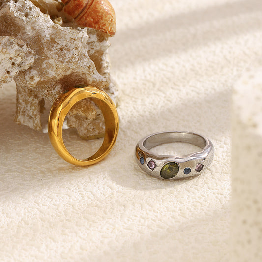 Silver multicolor geometric zircon ring by STUD – 18K white gold plated, modern chunky design