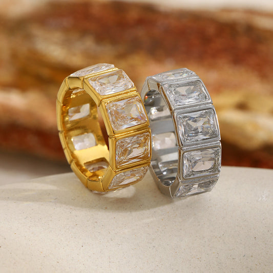 18K gold-plated geometric hollow-cut ring with square cubic zirconia stones, minimalist demi-fine statement ring for women