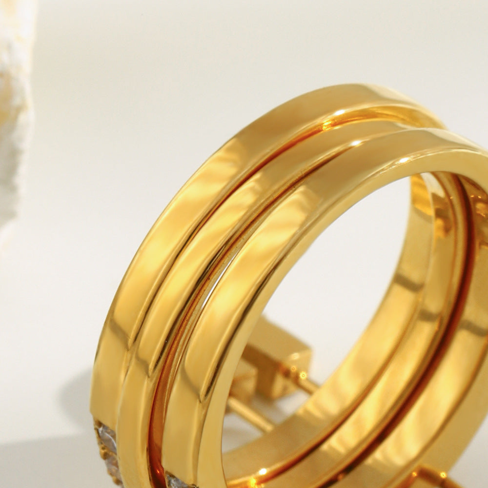 Bold Sparkle Safety Pin Ring with triple 18K gold plated bands and zircon pavé – STUD