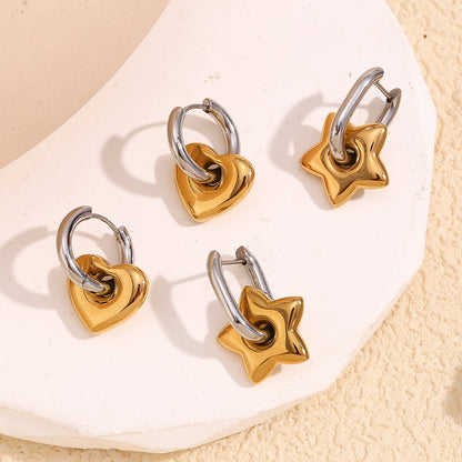 18K Gold Plated Heart and Star Mismatch Earrings – Two-Tone Stainless Steel – STUD
