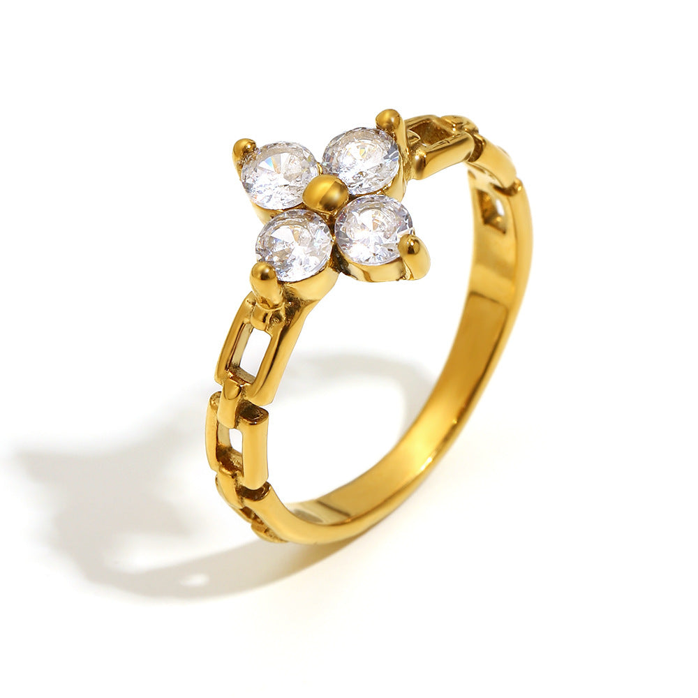 18K gold floral chain ring with clear zircon petals – STUD