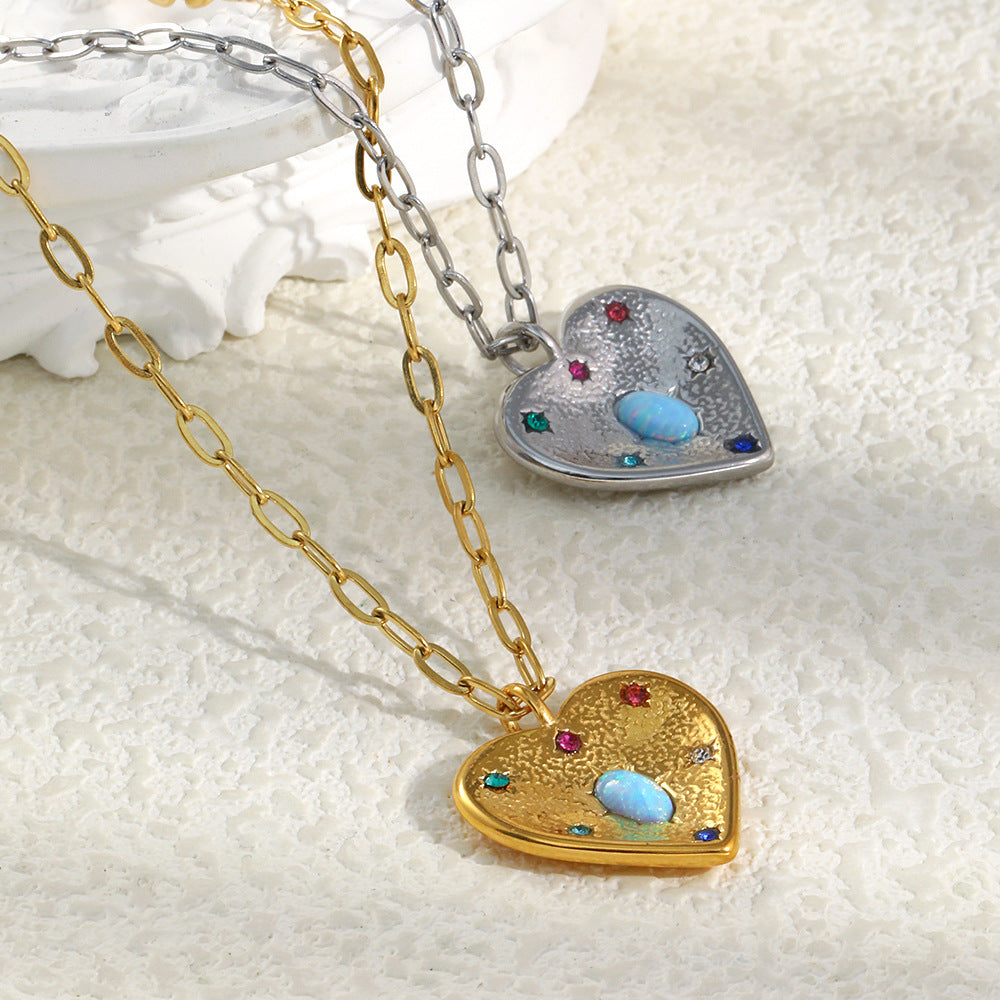 STUD 18K gold-plated stainless steel heart necklace with opal and colorful zircon stones