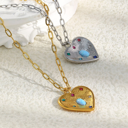STUD 18K gold-plated stainless steel heart necklace with opal and colorful zircon stones
