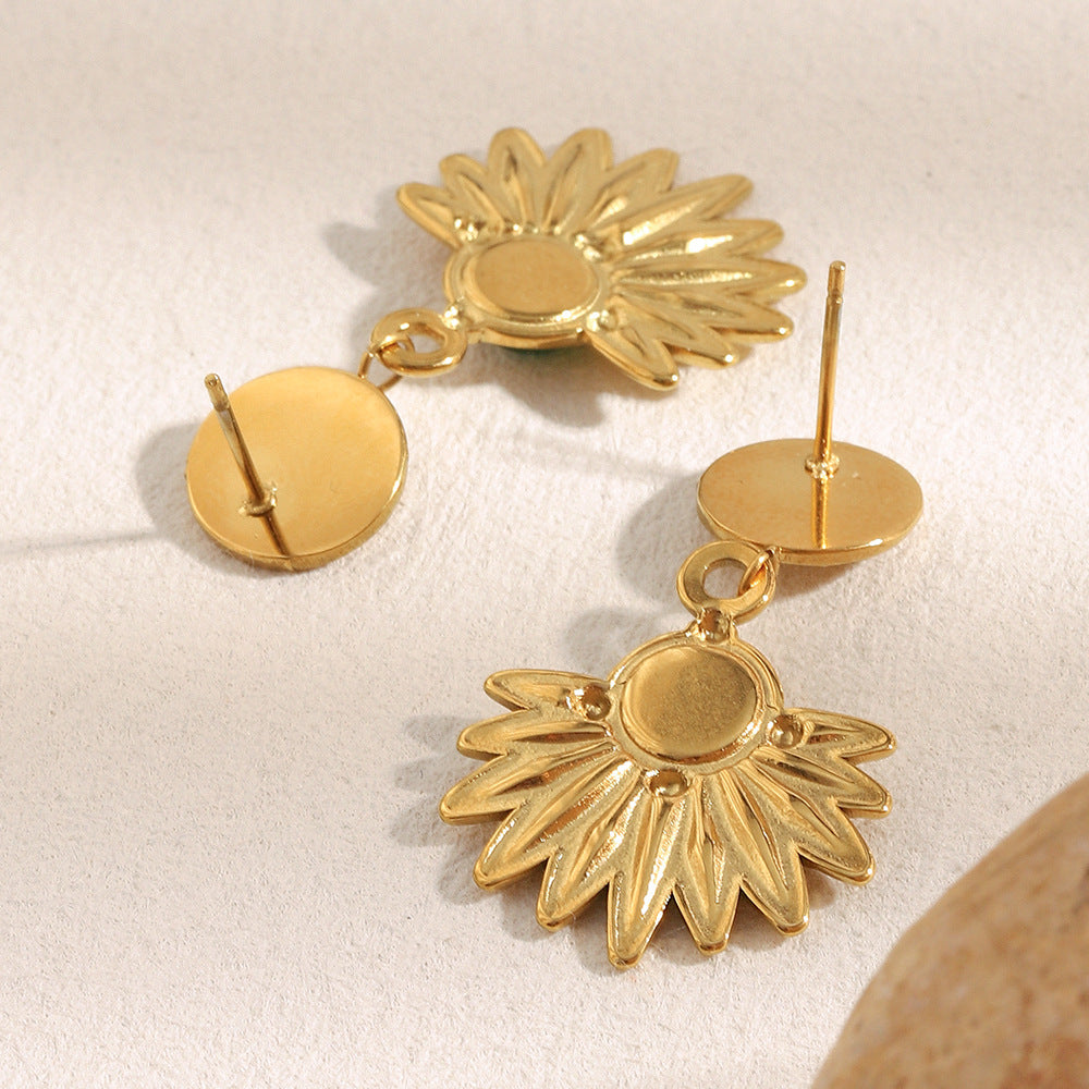 18K gold-plated stainless steel sunburst drop earrings with green agate stone