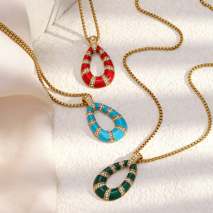 18K gold-plated stainless steel red enamel teardrop pendant necklace for women