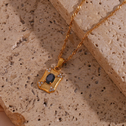 Close View of Geometric rectangle necklace with black zircon – polished waterproof design by STUD-Shop Till You Drop