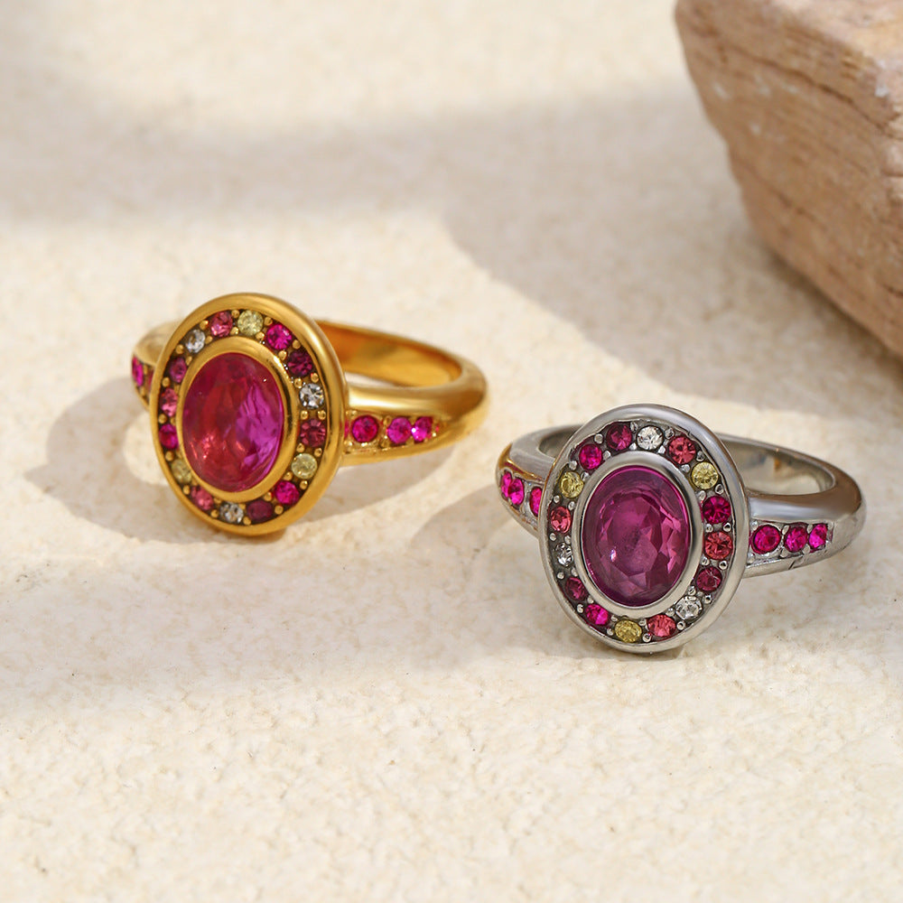 Silver stainless steel oval pink zircon ring with colorful crystal halo design