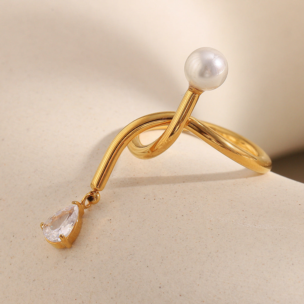 18K gold-plated stainless steel open ring with knot design, zircon charm and pearl drop