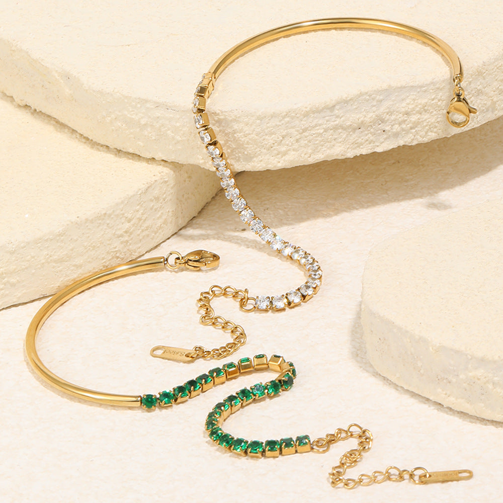 18K gold-plated half bangle half chain bracelet with rich green cubic zirconia stones, vintage-modern statement jewelry for women