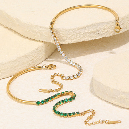18K gold-plated half bangle half chain bracelet with rich green cubic zirconia stones, vintage-modern statement jewelry for women