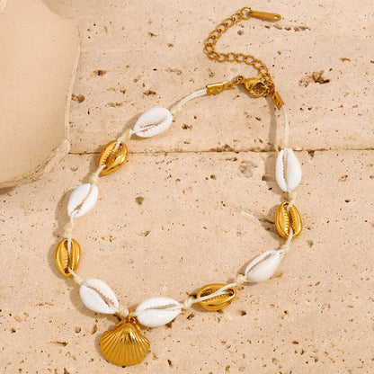 18K Gold Shell Anklet with Cowrie & Scallop Charms | Waterproof Beach Jewelry