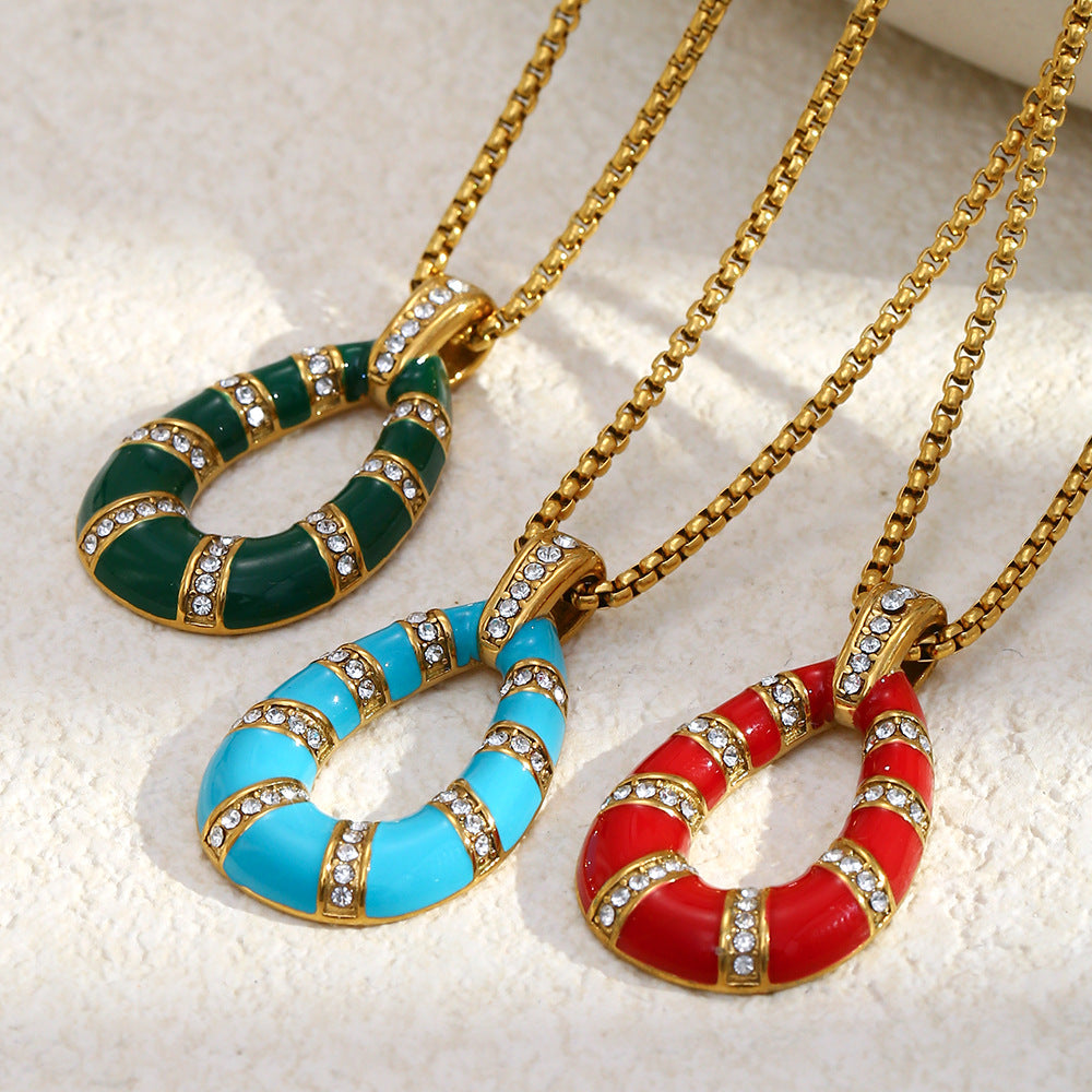 18K gold-plated stainless steel red enamel teardrop pendant necklace for women