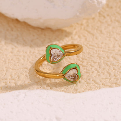 Green heart enamel open ring with zircon – 18K gold-plated stainless steel adjustable band – trendy playful jewelry by STUD (Shop Till You Drop)

